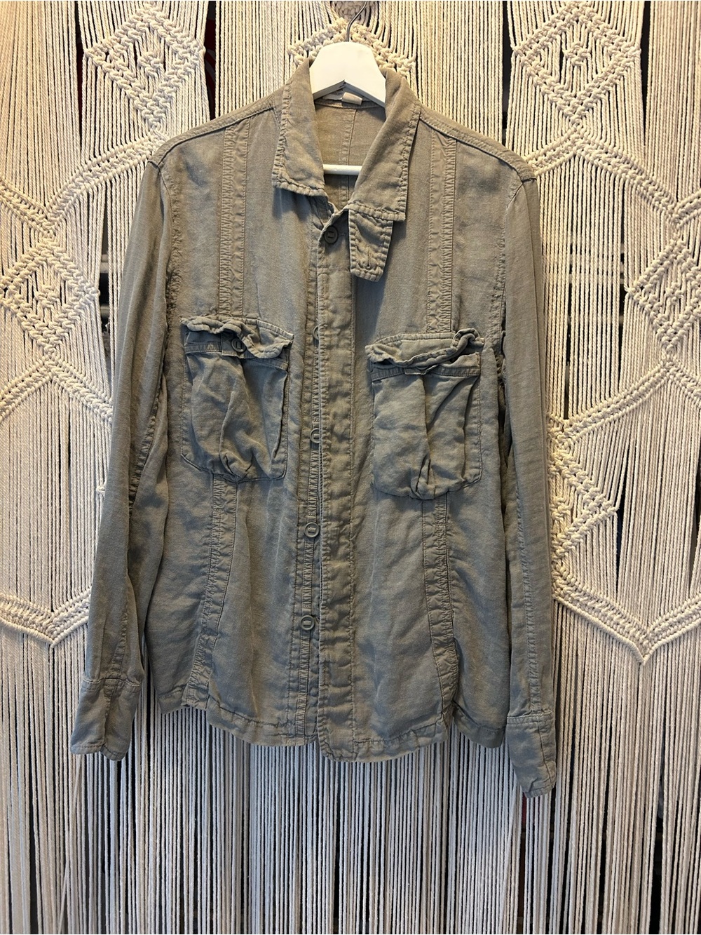 Casual Linen Button-Front Utility Jacket in Grey